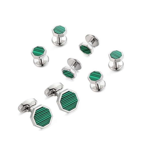 Stunning Green Malachite Silver Octagon Cufflinks Tuxedo Studs Formal 8 Pcs Set - Picture 2 of 16
